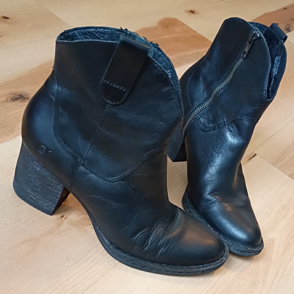 Born Healed Black Leather Western Style Ankle Boot